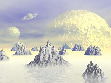 White landscape with rocky mountains, fog and planets