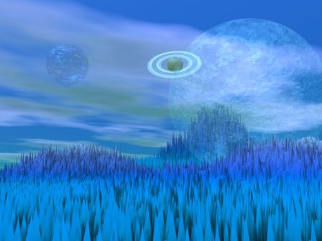 Blue landscape with sharp rocky mountains and planets