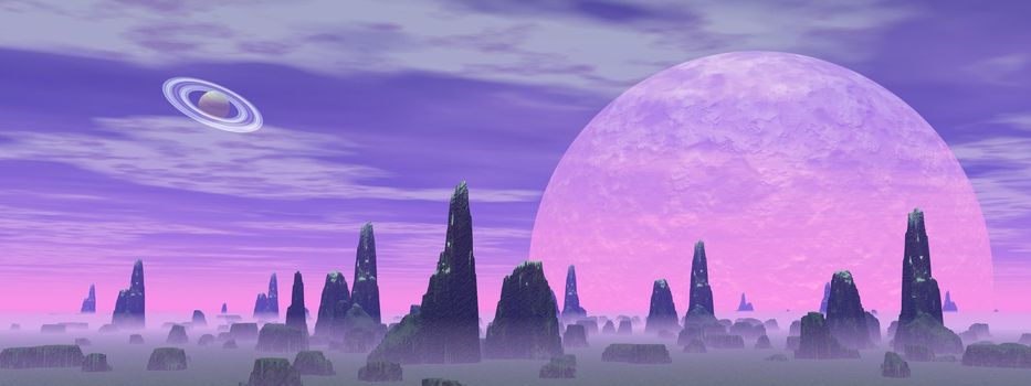 Violet landscape with rock mountains, fog and planets