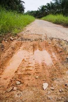 muddy road with pothole, bad condition.