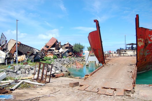 Abandoned ships at port, South Pacific, Tonga