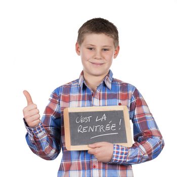 boy holding slate on white background