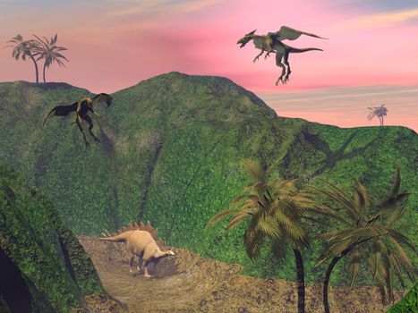 Stegosaurus attacked by tow flying dragons in a wild landscape with palm trees