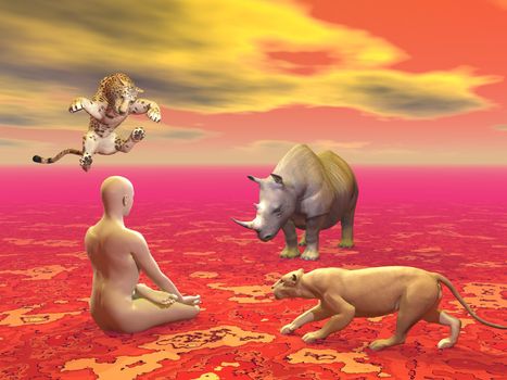 Peaceful man sitting in lotus position in front of agressive wild animals in red background