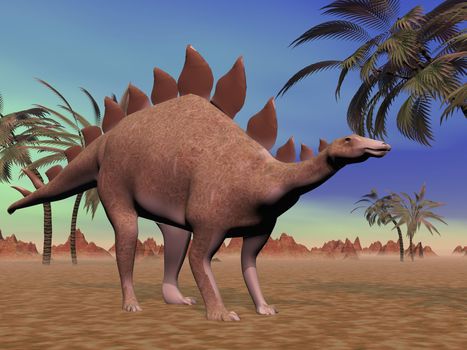 Big stegosaurus dinosaur standing in the desert next to palm trees