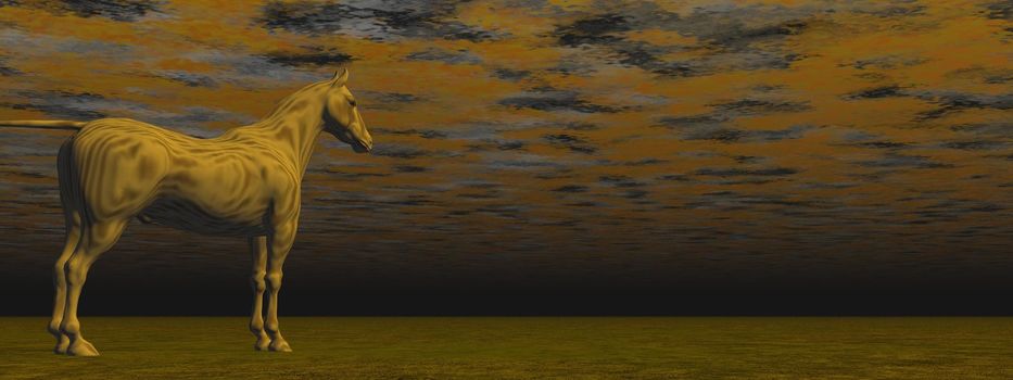 Strange brown horse standing in middle of a cloudy nowhere dark land