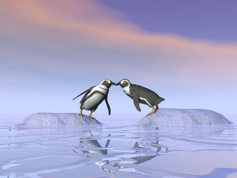 Two penguins standing on separate iceberg and trying to kiss each other upon the water