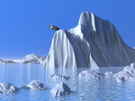 One penguin on a big iceberg ready to jump into the ocean by beautiful weather