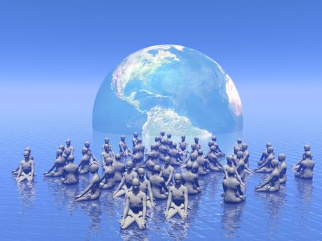 Many human beings meditating for earth