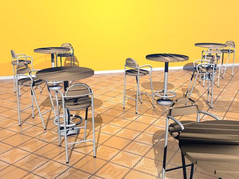 Modern chairs and tables in a yellow room