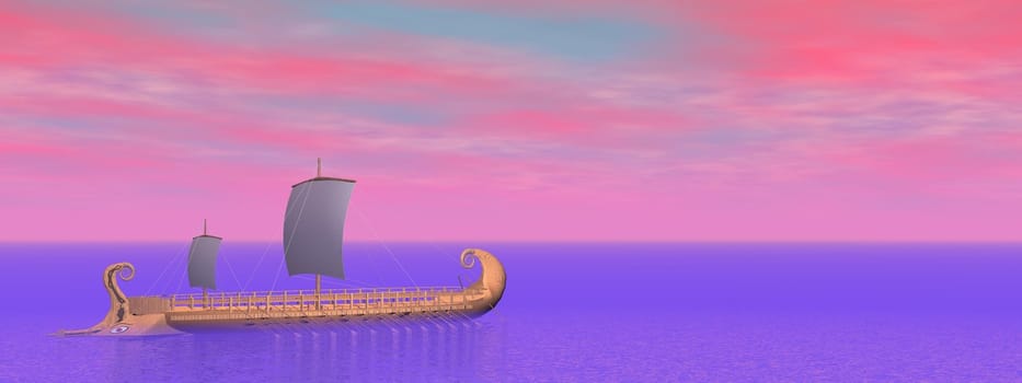 Old greek trireme boat on the ocean by violet and pink sunset sky