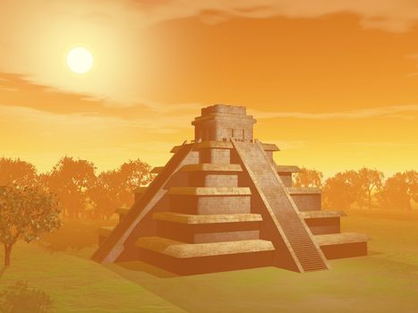 Maya pyramid on green grass and surrounded with trees by sunset foggy weather