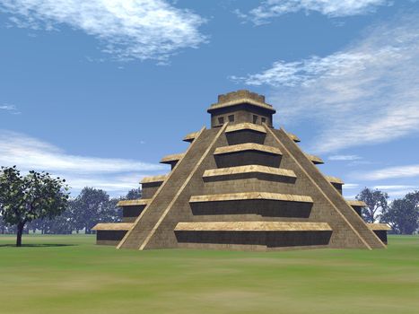 Maya pyramid on green grass and surrounded with trees by beautiful day