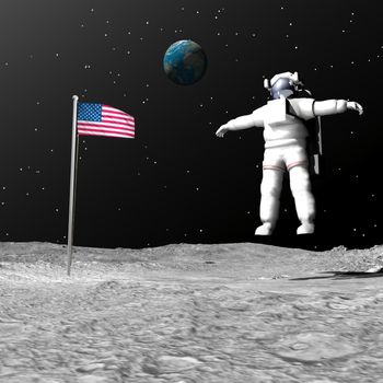 First astronaut on the moon floating next to american flag with earth in the background - Elements of this image furnished by NASA