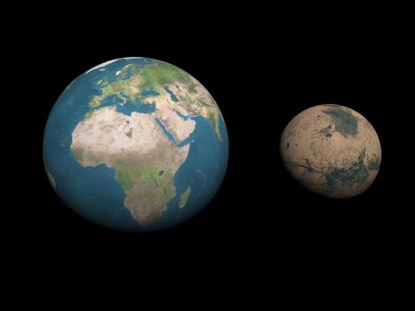 Earth and Mars planets aside to compare sizes in black background - Elements of this image furnished by NASA