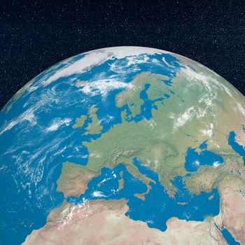 Earth planet showing european continent in the universe surrounded with plenty of stars - Elements of this image furnished by NASA