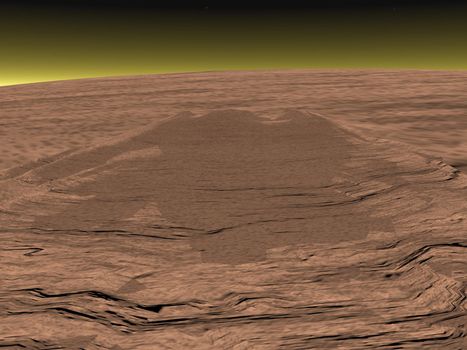 A representation of very high and big volcano Olympus Mons on Mars planet