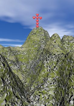 Cross made of red hearts standing upon the mountain