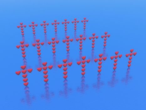 Many crosses made of hearts standing as in a cemetery but upon blue ocean