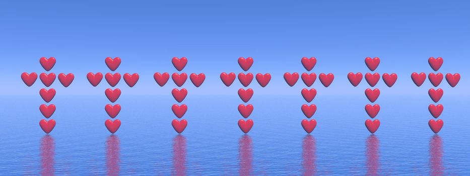 Many crosses made of heart in a row upon ocean in blue background