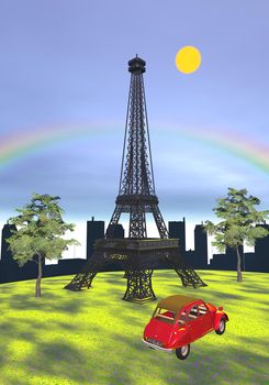 Famous Eiffel tower on the grass next to a typical red 2cv car and in front of buildings and rainbow, Paris, France
