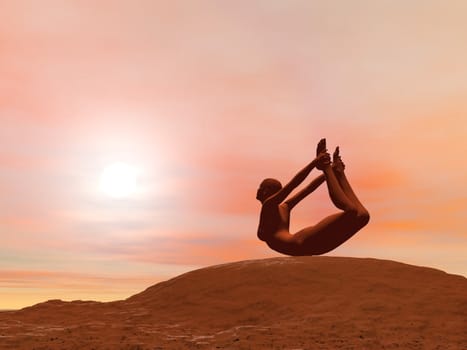 Young woman doing bow pose, dhanurasana, while practicing yoga outside in front of sunset