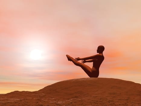 Young woman doing full boat pose, paripurna navasana, while practicing yoga outside in front of sunset