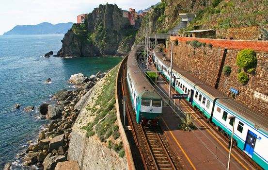 Italy. Cinque Terre. Train at station Manarola 
