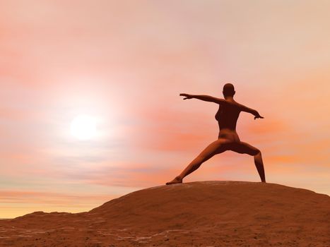 Young woman doing warrior pose, virabhadrasana 2 while practicing yoga outside in front of sunset