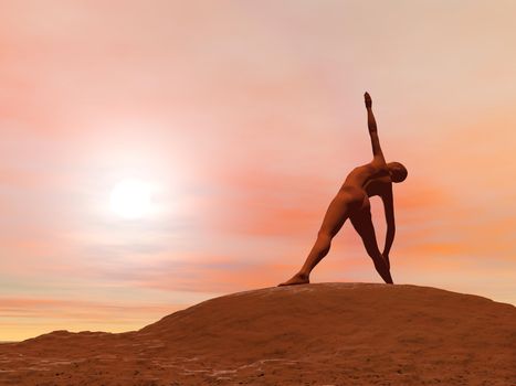 Young woman doing triangle pose, trikonasana while practicing yoga outside in front of sunset
