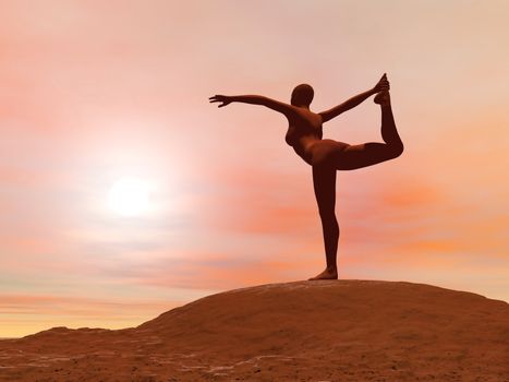 Young woman doing dancer pose, natarajasana while practicing yoga outside in front of sunset