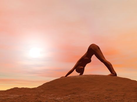 Young woman doing downward facing dog pose, adho mukha svanasana while practicing yoga outside in front of sunset