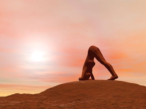 Young woman doing dolphin pose, makarasana while practicing yoga outside in front of sunset