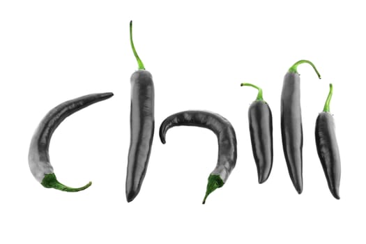 chili word made from Gray hot chili pepper on white background with a clipping path