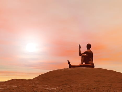 Young woman doing marichi's pose, marichyasana 3 while practicing yoga outside in front of sunset