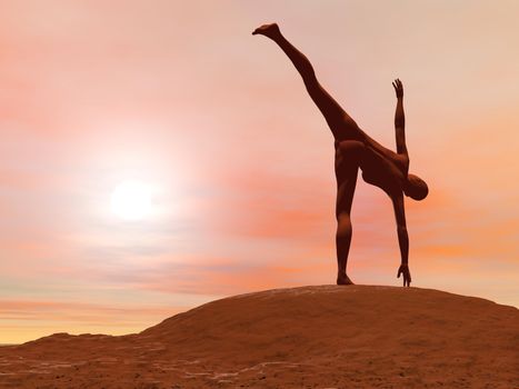 Young woman doing half moon pose, ardha chandrasana while practicing yoga outside in front of sunset