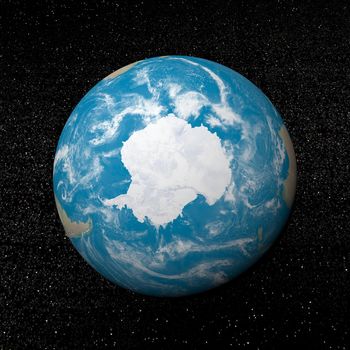 Antarctica on earth and universe background with stars - 3D render
