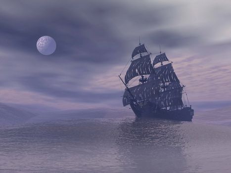 Old ghost boat floating on the ocean by grey foggy night with full moon