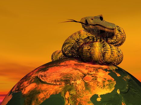 A snage with tongue outside lying on a planet earth in red background