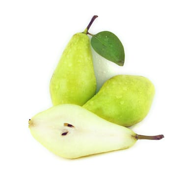 Fresh Green Pears with leaf on white