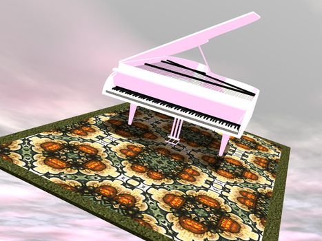 White gran piano flying on a colorful carpet in y cloudy sky