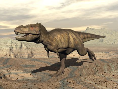 Tyrannosaurus dinosaur running in the desert by cloudy day
