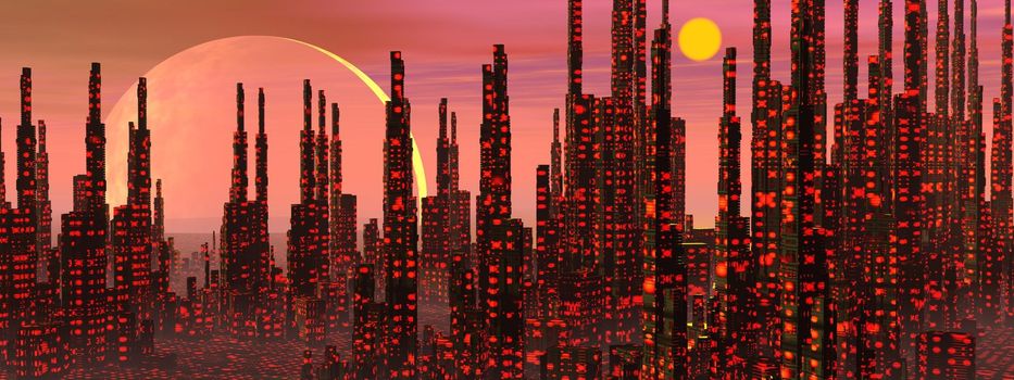 Futuristic buildings in a fantasy city and strange planets