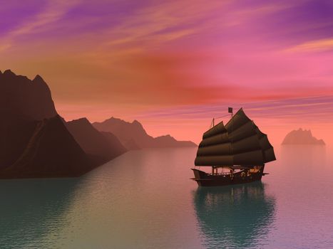 Silouhette of oriental junk boat on water next to mountains by sunset