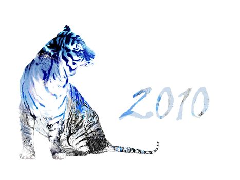 drawing photoshop, white metallic tiger, inscription 2010