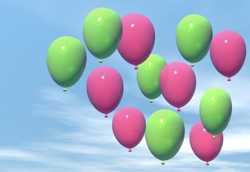 Pink and green balloons float in a blue sky