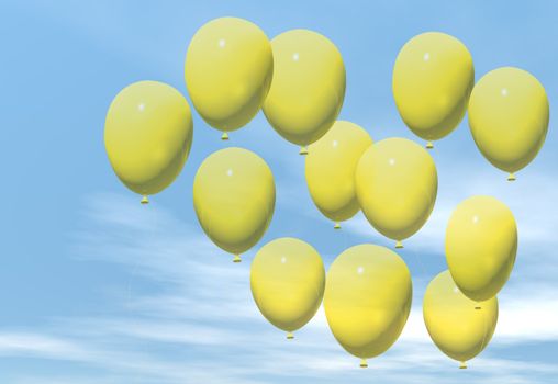 Yellow ballons floating in a blue sky