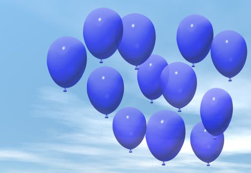 Blue balloons floating in a blue sky