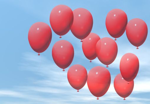 A bunch of red balloons against a blue sky