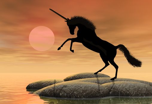 A fantastic unicorn silhouetted against the setting sun